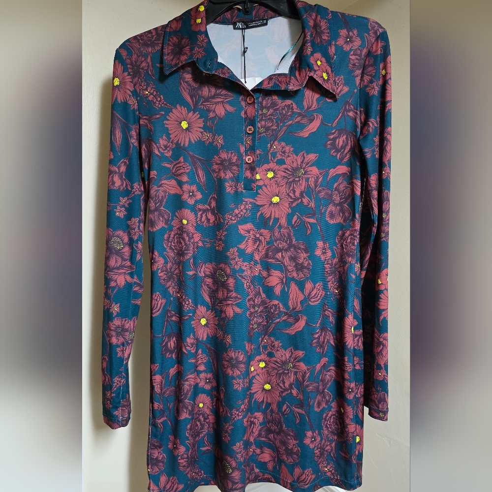 Zara Teal Maroon Floral Long Sleeve Mini Dress Tunic Sz Small NWT BOHO Retro